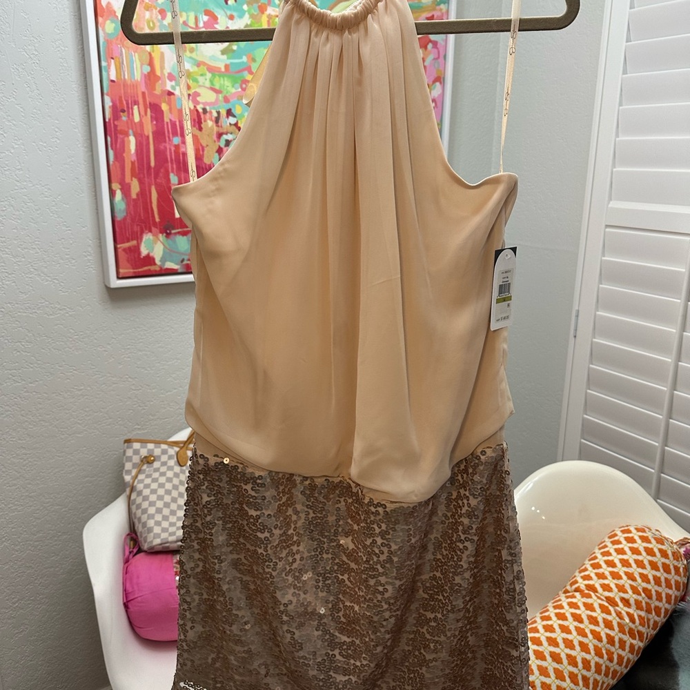 Jessica Simpson Elegant Beige and Gold Sequin Dress